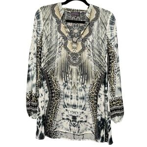 Hale Bob 100% Silk Boho Mixed Print Long Sleeve Blouse Top